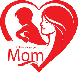 Mother's Day Greeting with Heart Shape and Silhouette of Mother and Child.