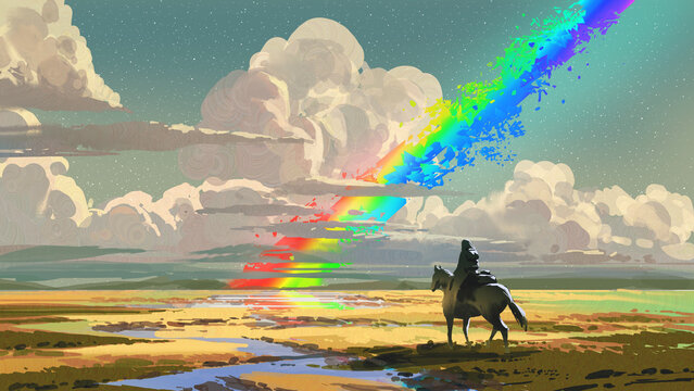 Fototapeta A rider on horseback observes a surreal sky where a fragmented rainbow bursts through dramatic clouds above a glowing golden plain, digital art style, illustration painting