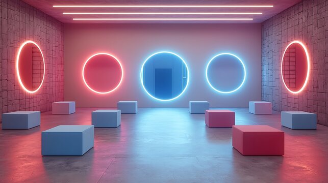 Neon-lit room with circular mirrors and cubic platforms