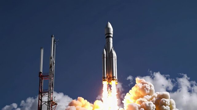 Powerful rocket launch against blue sky and clouds capturing liftoff with vibrant flames and smoke