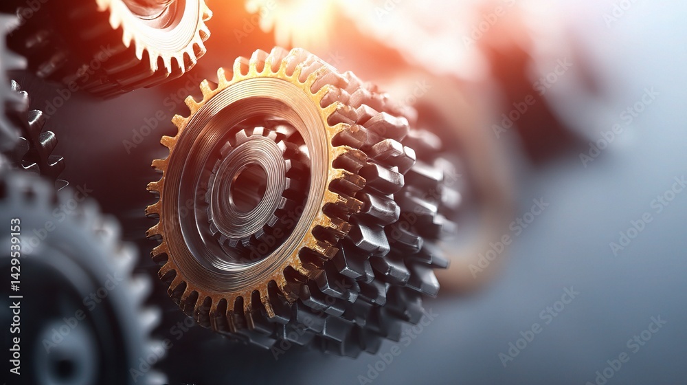 Poster double exposure of interlocking gears with soft gradient background