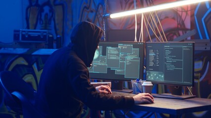 Hooded hacker arriving in hidden underground shelter, prepared to launch DDoS attack on websites. Cybercriminal starting work on script that can crash businesses servers, camera B © DC Studio