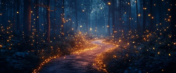 Mystical pathway in the enchanted forest illuminated by ethereal lights