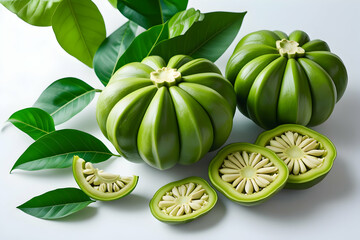 Green Garcinia Cambogia Fruit Whole and Sliced Isolated on White for Weight Loss and Health Concepts Featuring Tropical Asam Gelugur with Leaves: Green, Garcinia, Cambogia, Fruit, Whole, Sliced, Isola