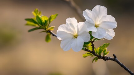 Obraz premium Stunning White Flowers Blooming on Branch Soft Sunlight