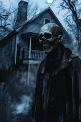 Skeleton figure in dark coat outside eerie house. Halloween spooky night concept.  
