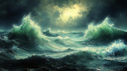 Fototapeta premium The Ocean waves churning under dramatic dark storm clouds 