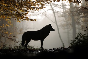 Naklejka premium Elegant dire wolf silhouette in fall forest misty setting 