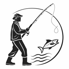 Fisherman Silhouette Catching Jumping Fish Illustration River Angling Adventure Icon