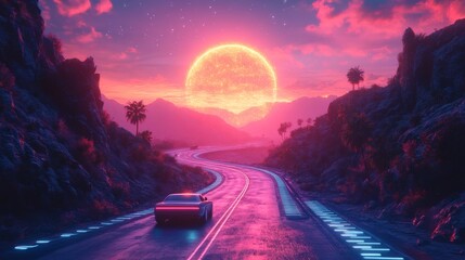 A breathtaking sunset scene over a winding road, with a car driving through the landscape. The sky is painted in hues of pink and purple, the sunlight enhancing the sense of freedom and the open road.