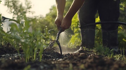 Gardener Watering Plants with a Hose