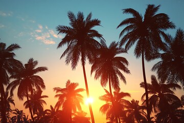 Dynamic palm tree shapes in tropical sunrise backdrop  
