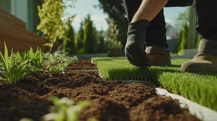 Gardener Installing New Grass Turfs in a Backyard