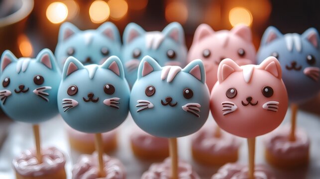 Adorable and colorful cat-shaped cake pops, perfect for any celebration. The cake pops feature cute cat faces in various colors, creating a delightful and playful scene.