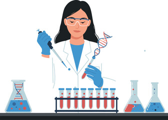 Female scientist conducting DNA research with test tubes in laboratory setting vector illustration 
