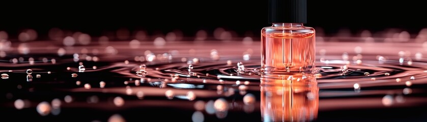 A perfume bottle stands amidst a reflective surface of water drops