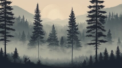 foggy mountains vie with pine trees