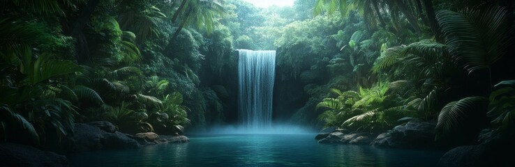 Lush jungle waterfall cascading into clear pool amidst greenery