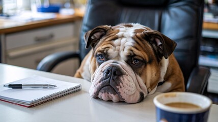 Bulldog Resting on Office Desk with Coffee and Notebook