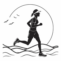Silhouette Of A Woman Jogging By The Water At Sunset Illustration