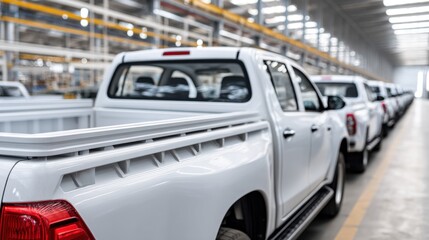 New white pickup trucks in a row, inside a car assembly plant, ready for shipment.