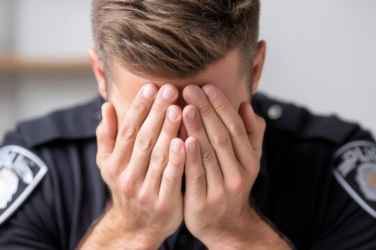 A police officer in uniform, covering his face with his hands, appearing stressed and upset.