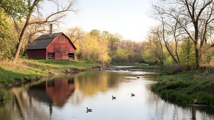 Obraz premium Serene rural landscape with a red barn reflecting on a tranquil stream.
