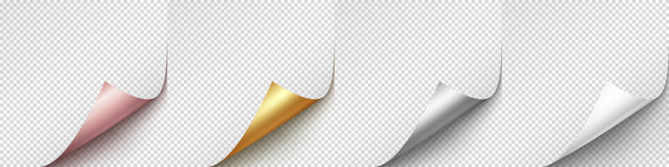 Curled page corners isolated on transparent background. Blank curve paper edge, bent sheet, note angle with realistic shadow. Vector rolled up stickers, peel banners