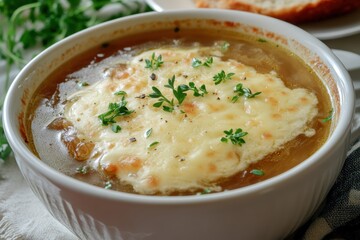 Enjoying classic French onion soup topped with melted cheese and fresh herbs