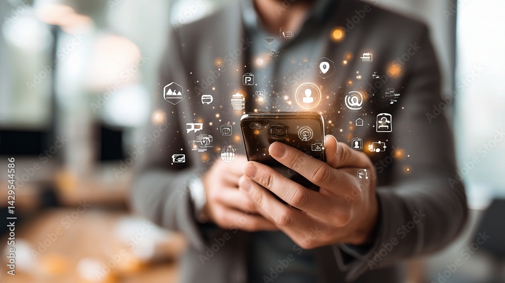Poster man using smartphone in modern office setting with abstract visuals