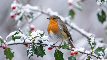 European Robin Perched on Snowy Holly Branch in Winter