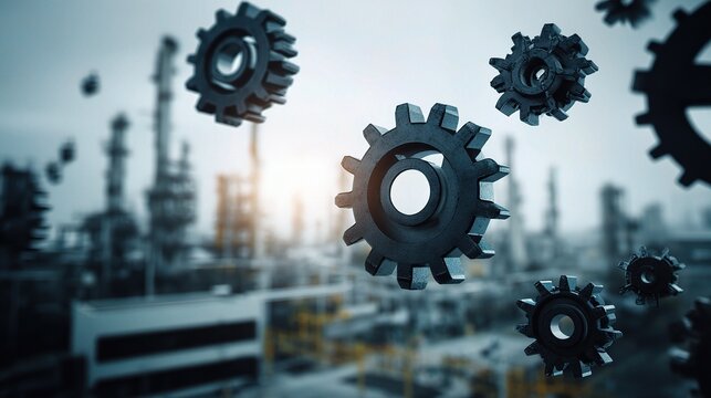 Interlocking Gears Floating Above an Industrial Landscape Scene