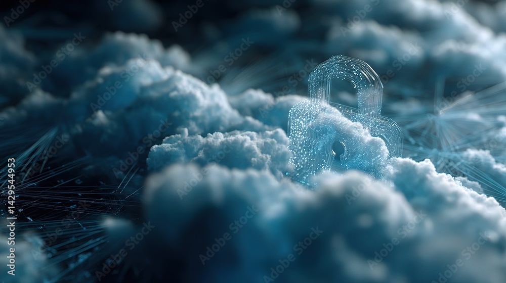 Poster digital cloud interface with floating padlock in deep environment