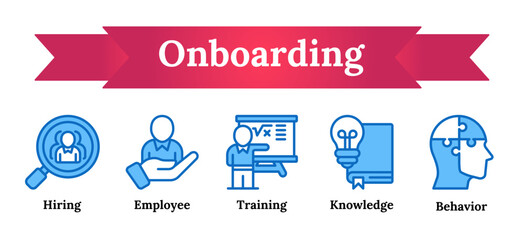 Onboarding Process and Employee Integration - knowledge, behavior, training, hiring vector icon sheet collection blue fill
