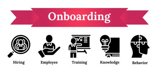 Onboarding Process and Employee Integration - knowledge, behavior, training, hiring vector icon sheet collection glyph black fill