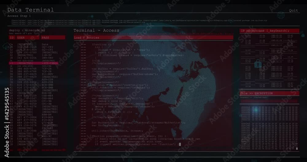 Poster central terminal access panel showing live code snippets over flat dotted globe, with data tables