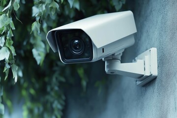CCTV security camera installed on a wall amid greenery for comprehensive surveillance