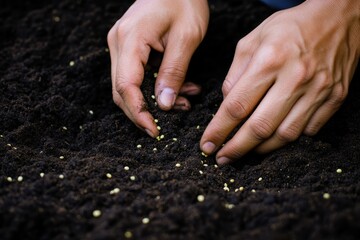 Close-up of hands sowing seeds into rich, dark soil during spring planting