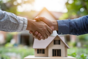 Construction worker and customer shake hands after project completion at residential site