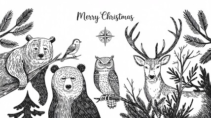 Festive Wildlife Christmas Illustration with Forest Animals
