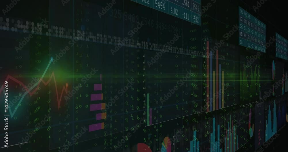 Poster digital dashboard displaying multiple charts with ticker panels over binary overlay in dark ui