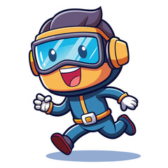 Fototapeta premium Smiling cartoon character in a blue suit, running with goggles and headphones