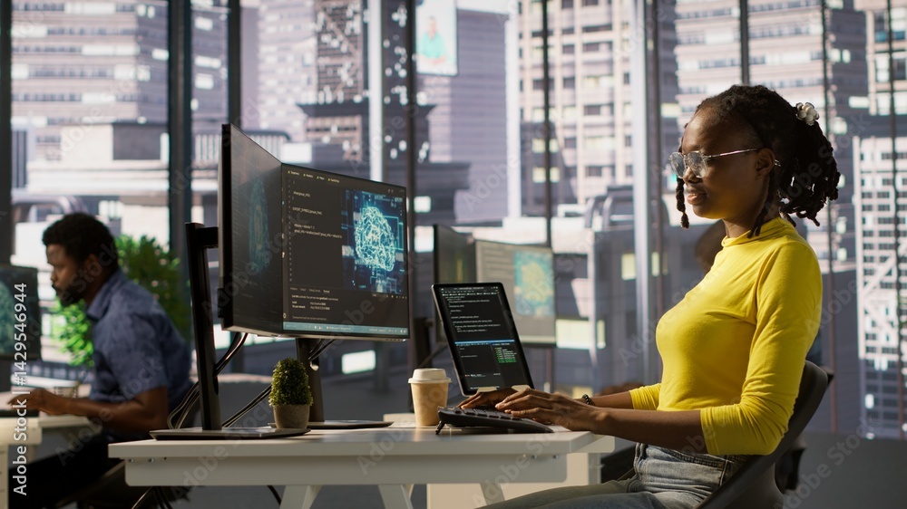 Poster software engineer conducts code review to fix bugs, identifying technical issues with artificial int