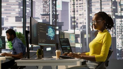 Software engineer conducts code review to fix bugs, identifying technical issues with artificial...