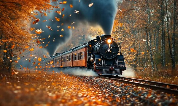 Vintage steam train chugging through a vibrant autumn forest, surrounded by falling leaves