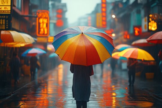 Rainy Day with Vibrant Umbrellas A Colorful Scene in the City - Powered by Adobe