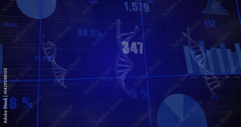Poster Blue interface displaying three DNA helices floating over grid with numeric data and charts