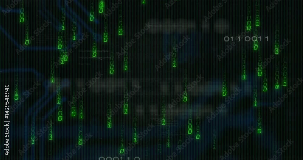 Poster cascading binary code columns being visualized on dark ui, glowing circuit patterns in flat design