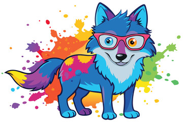 Colorful artistic wolf  in with eyeglasses  colorful paint splatters on white background