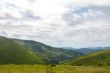 Fototapeta premium Stunning mountainous landscape featuring green rolling hills under a cloudy but bright sky, showcasing nature's beauty. Carpathian Mountains, Ukraine